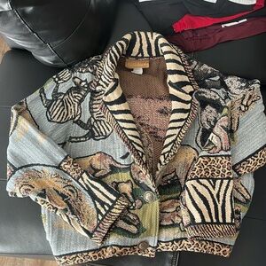 Vintage Animal Print Shawl Collar Cardigan Sweater - Multicolor